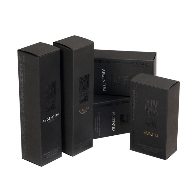 black paperboard boxes with thick screen printing